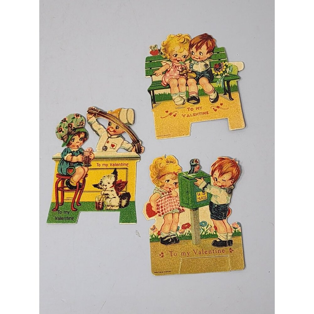 Vintage 1940s Die-Cut Valentine Cards Set Of 3 Children & Pets Made In Germany